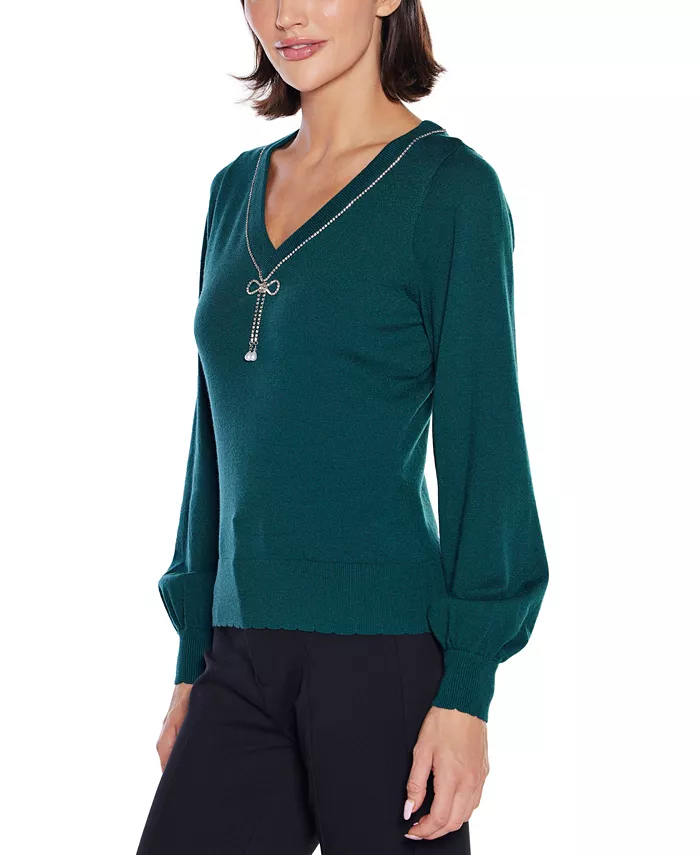 Women's V-Neck Rhinestone-Bow Sweater - thumbnail 7