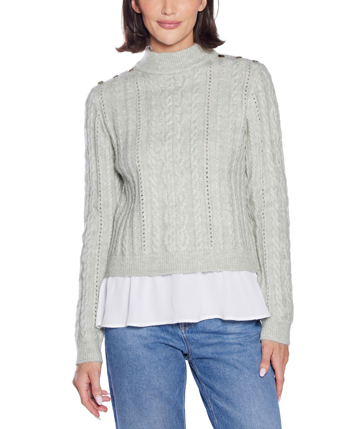 Belldini Women's Black Label Chiffon-hem Cable Sweater In Gray