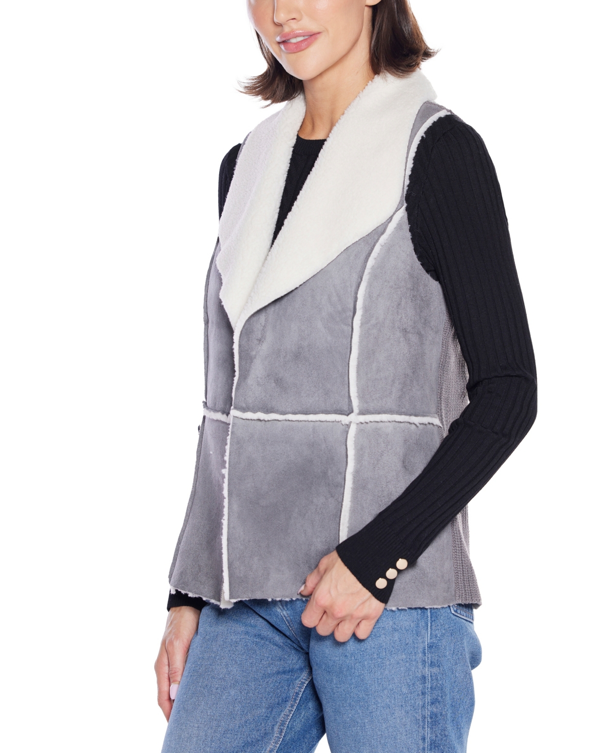 Belldini Plus Size Black Label Sherpa-trim Vest Sweater In Gray