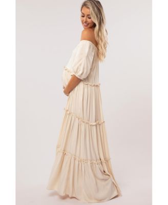 Cream Off Shoulder Ruffle Tiered Maternity Maxi Dress