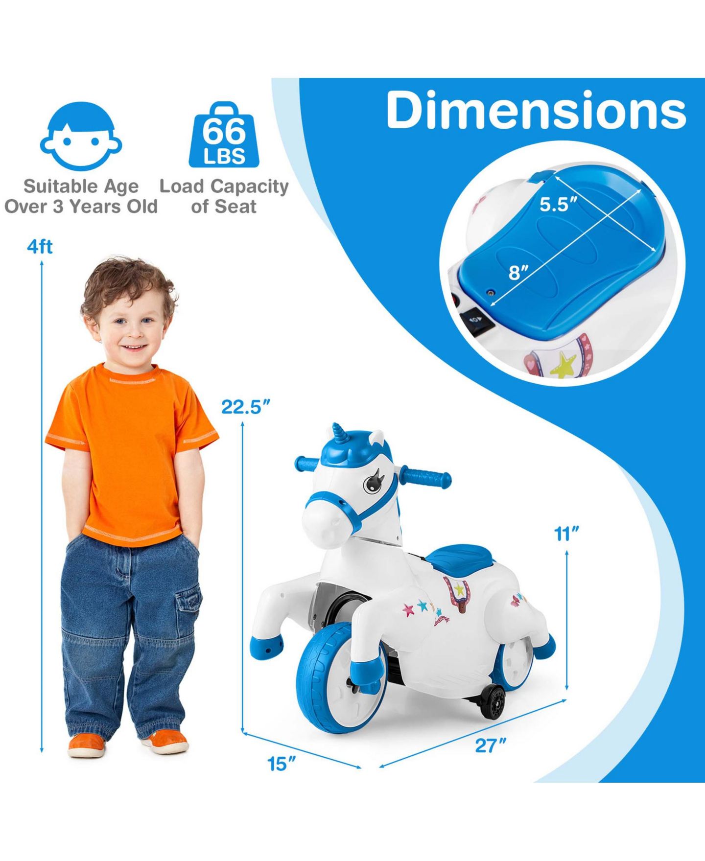Детская игрушка Costway 12V Kids Ride on Unicorn Toy with Training Wheels Music One-button, цвет: Синий — фото 3