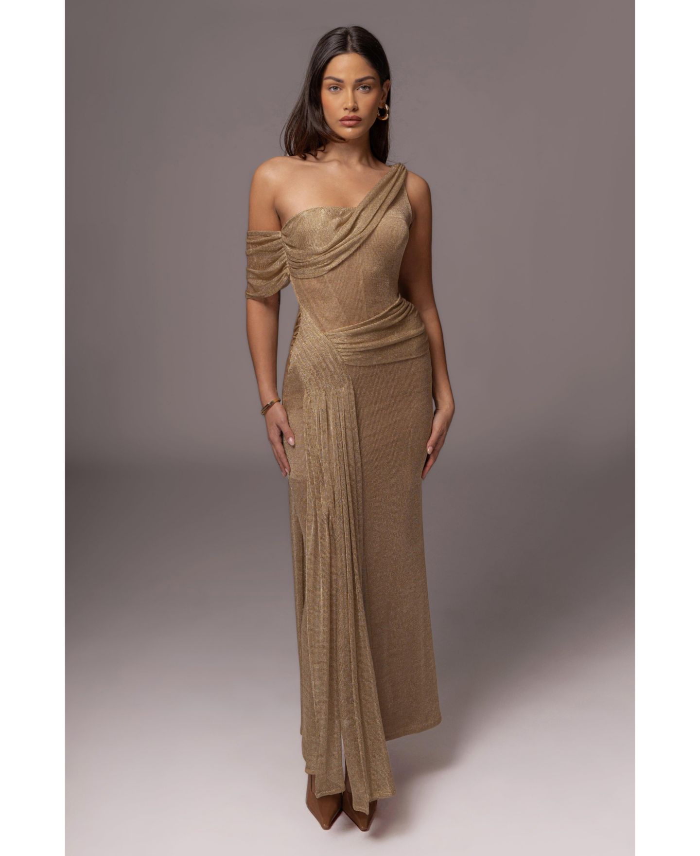 Женское платье JLUXLABEL Draped Metallic Maxi, цвет: Золотой — фото 2