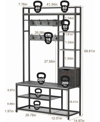 Hall Tree with Storage Bench - 41.34 In Freestanding Entryway Bench with Coat Rack, 5-In-1 Intelligent Design Featuring Shoe Storage