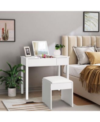 2-Pc. Wood Flip-Top Mirror Vanity Dressing Table Set with Cushioned Stool