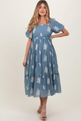 Maternity Blue Floral Print Ruffle Hem Midi Dress