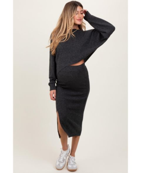 Женский комплект Pinkblush Heather Grey Ribbed Knit Asymmetric Top Midi Skirt Set, цвет: Угольный серый