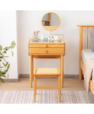 Bamboo Makeup Vanity Table with Stool and Rotating Mirror