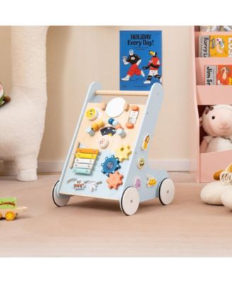Wooden Baby Walker Push & Pull Learning Activity Center w/ Wheels Push Toy