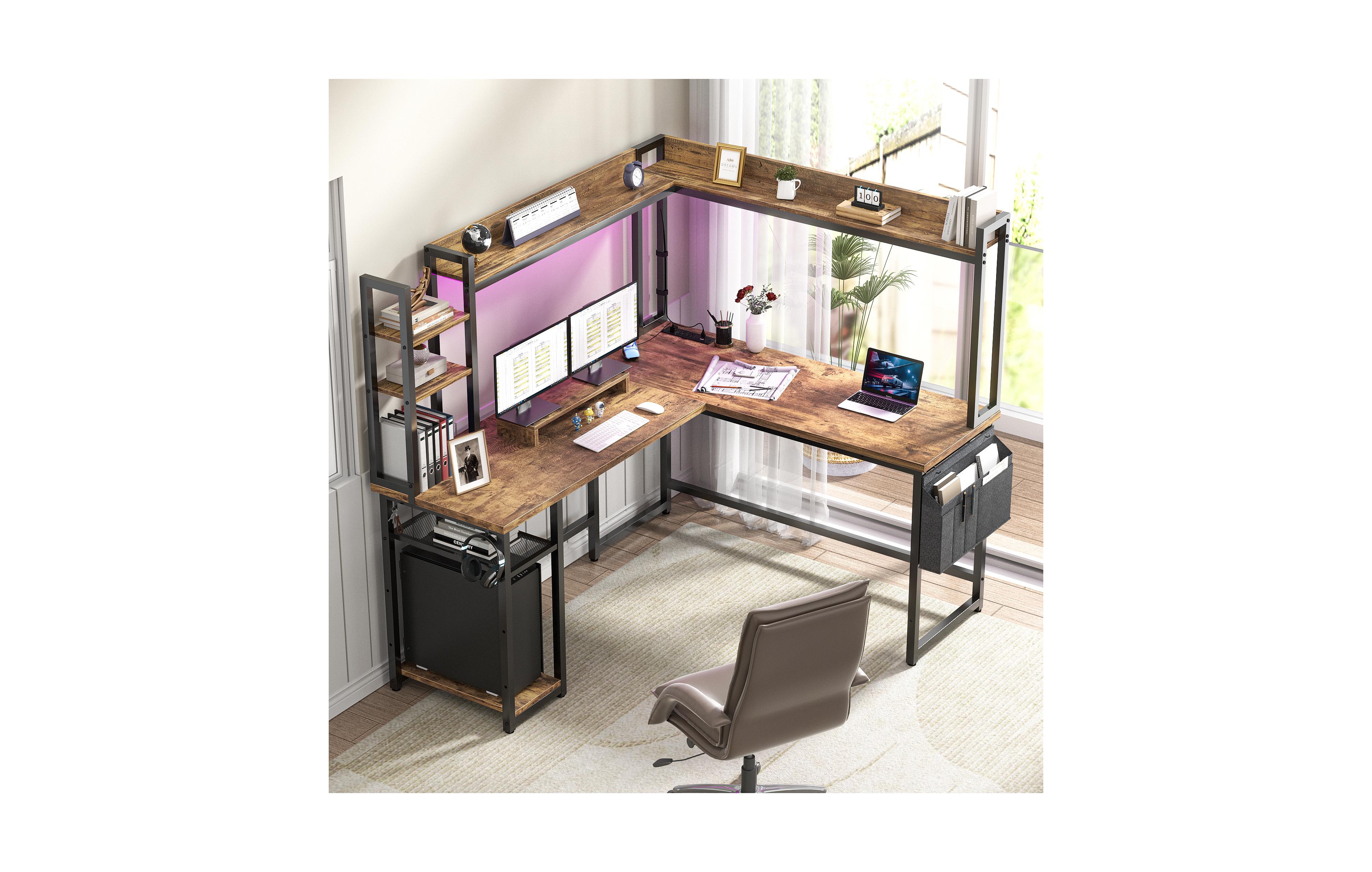 Aheaplus L-Shaped Desk with Hutch & Power Outlet, Corner Computer Led Lights