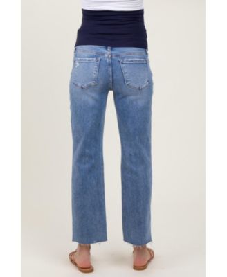Maternity Blue Cropped Raw Hem Straight Leg Jeans