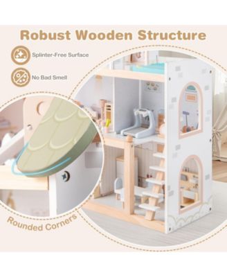 Wooden Dollhouse Kids DIY Pretend Playhouse with 33 PCS Furniture Accessories