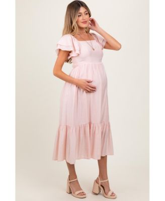 Light Pink Flutter Sleeve Maternity Midi Dress