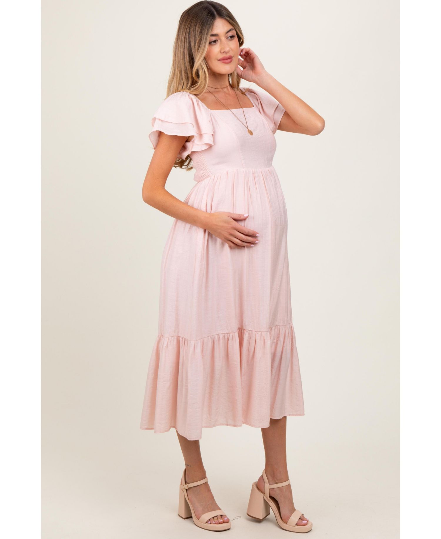 Women's Light Pink Flutter Sleeve Midi Dress