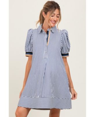Maternity Navy Blue Striped Puff Sleeve Mini Shirt Dress