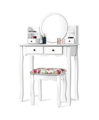 360° Rotatable Mirror, Waterproof Surface & 4-Drawer Storage Vanity Table Set Includes Floral Stool