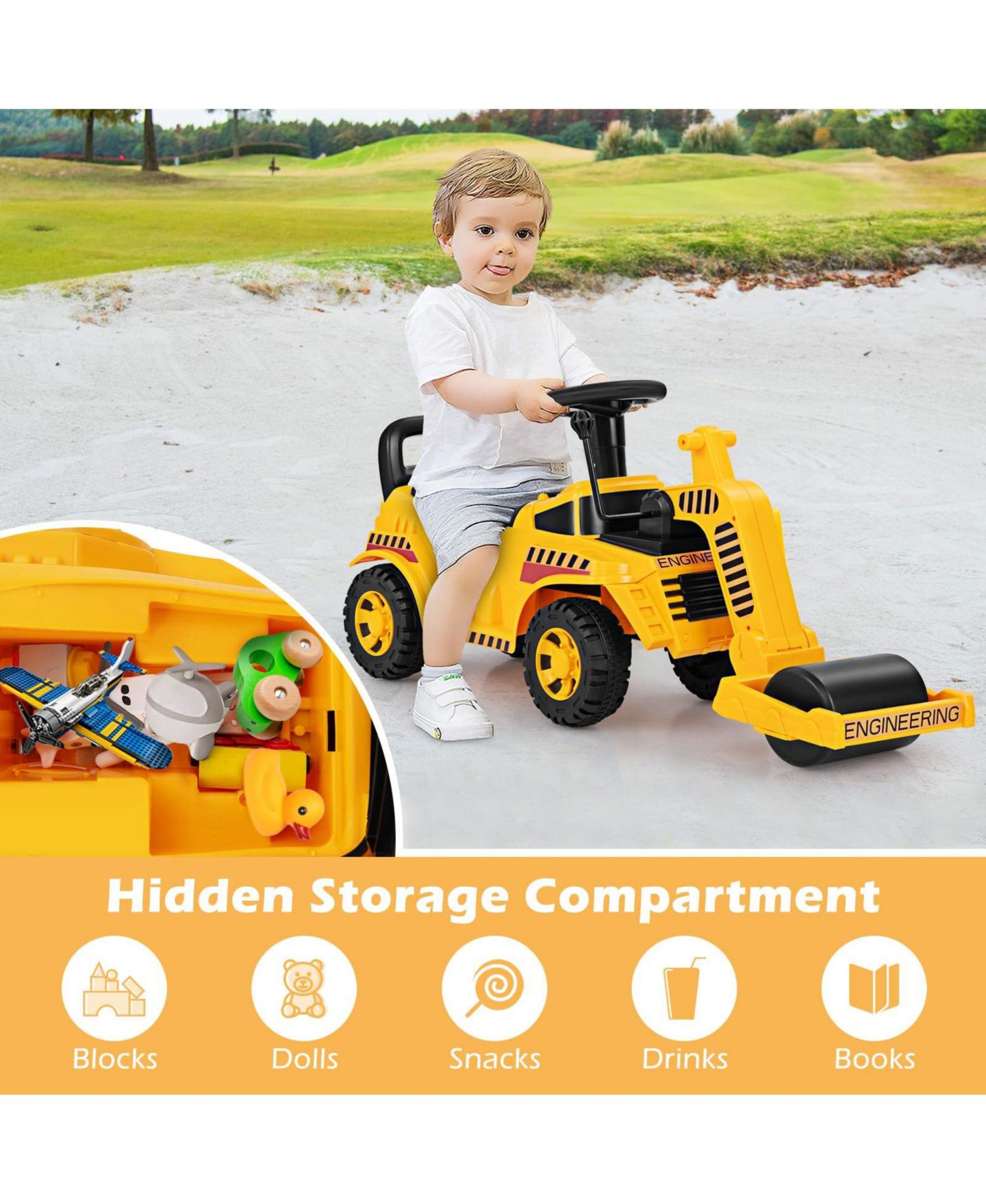 Детская игрушка Mecale Toddler Ride-On with Adjustable Roller, Under-Seat Storage & Anti-Tip Design, Ages 19-36 Months, цвет: Жёлтый — фото 7