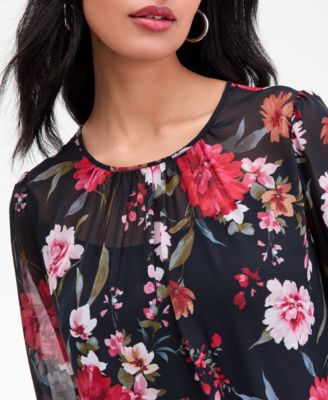 Petite Floral Long-Sleeve Tiered-Hem Dress