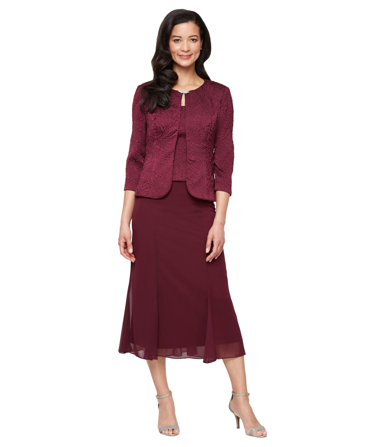 Alex Evenings Petite Tea-length Textured Jacquard Dress And Jacket In Burgundy