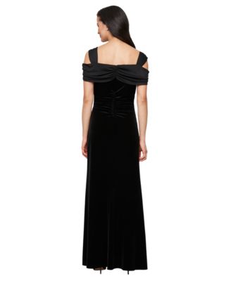 Petite Long Cold-Shoulder Stretch Velvet Dress