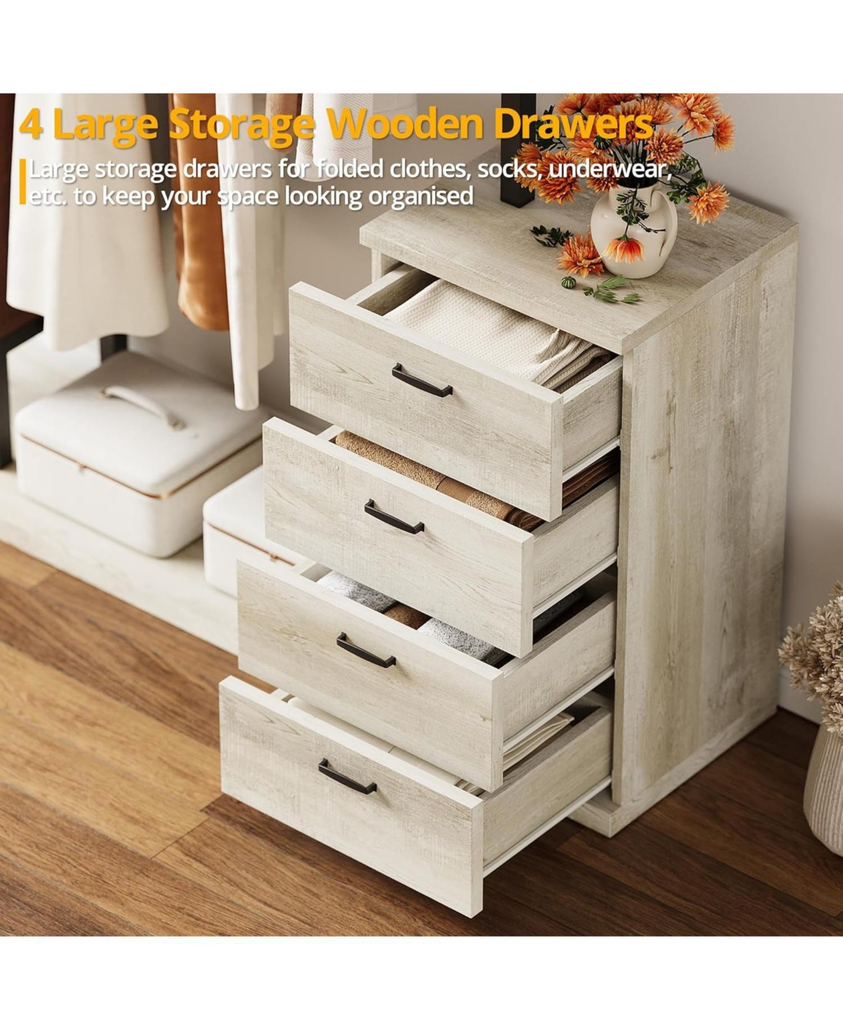 Clothes Rack with 4 Wooden Drawers and Hanging Rack, White and Red