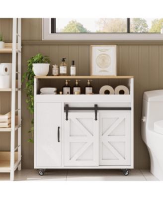 Toilet Paper Cabinet with Rolling Wheels, Paper Holes, White/Natural