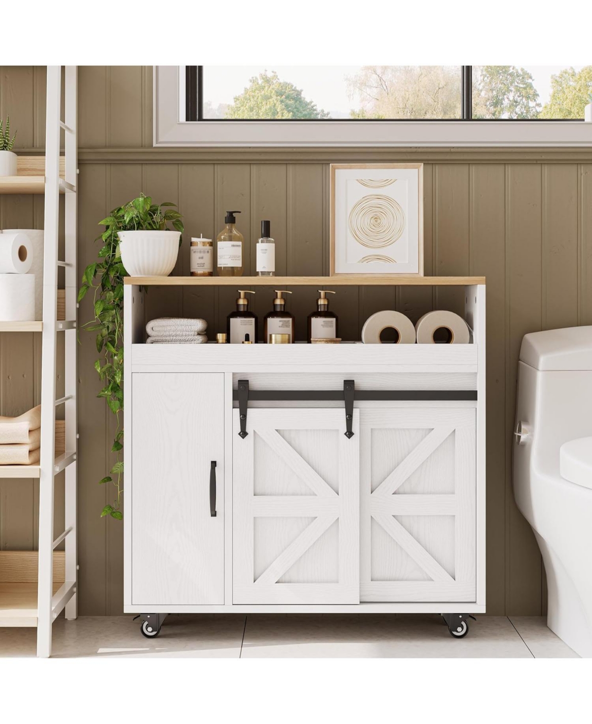 Ironck Toilet Paper Cabinet with Rolling Wheels, Paper Holes, White/Natural