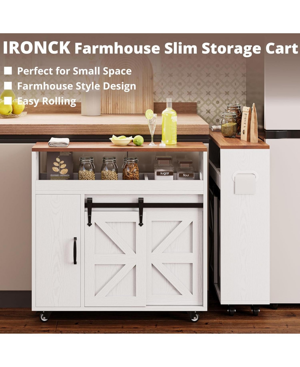 Toilet Paper Cabinet with Rolling Wheels, Paper Holes, White/Walnut