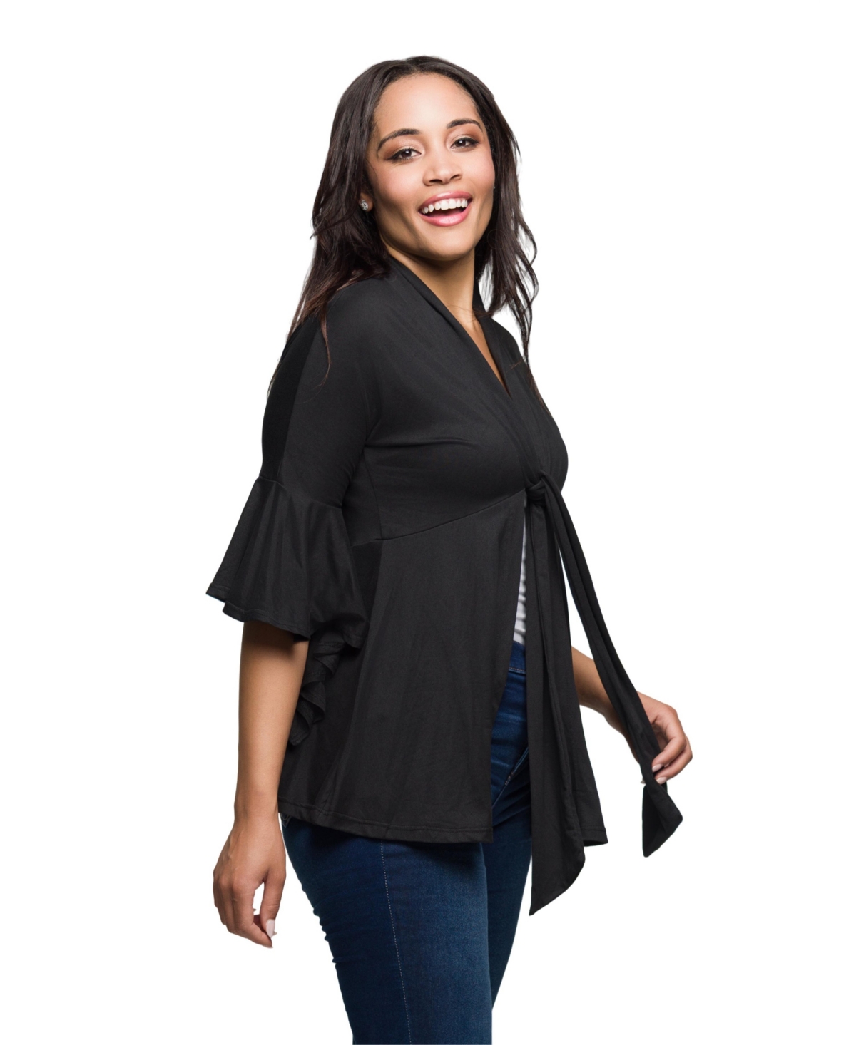 24seven Comfort Apparel Tie Front Bell Sleeve Cardigan In Black