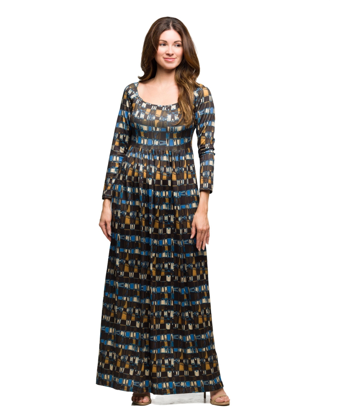24seven Comfort Apparel Geometric Print Long Sleeve Empire Waist Maxi Dress In Multi