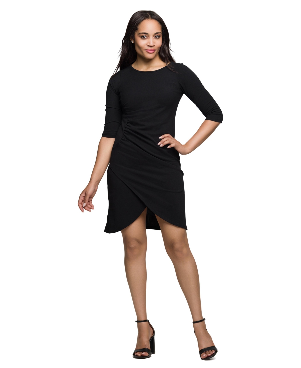 24seven Comfort Apparel Three Quarter Sleeve Ruched Tulip Hem Mini Dress In Black