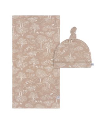 Just Born Baby 2-Piece Swaddle Blanket & Hat Set, Blue Plaid, One Size - Ivory tan forest