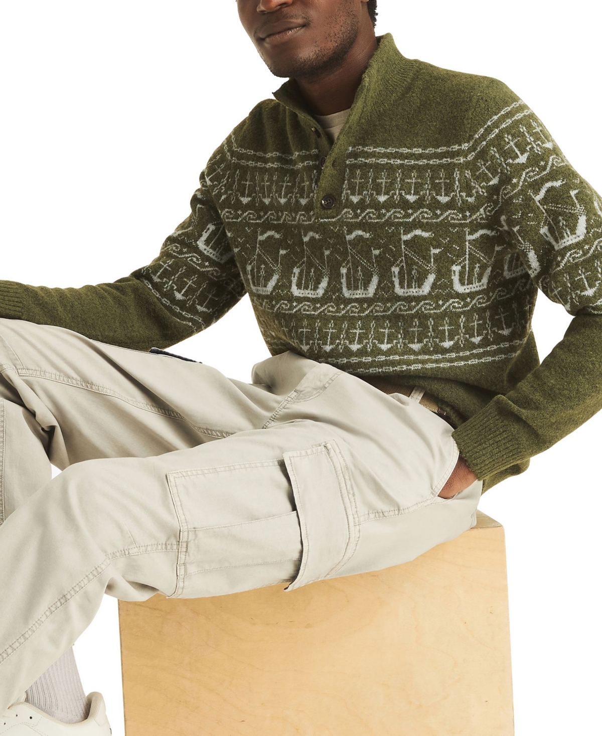 Nautica Men's Fairisle Button Up Mock Neck Sweater In Green
