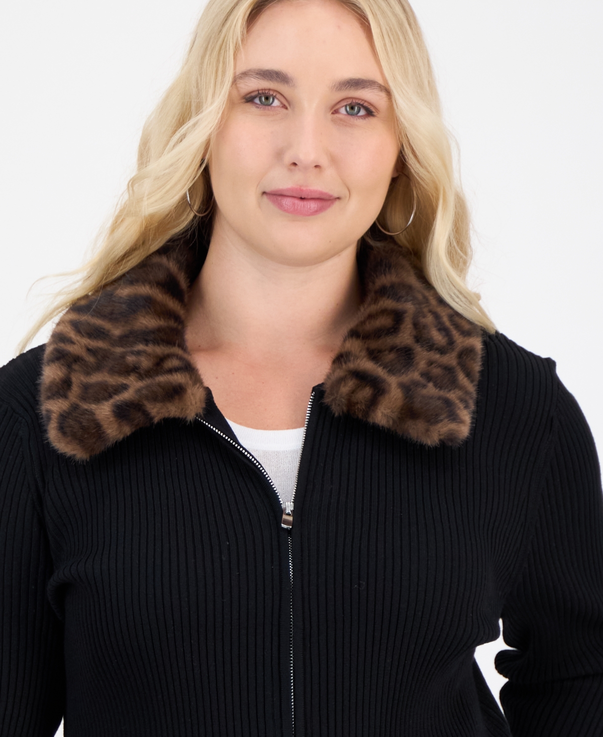 Madden Girl Trendy Plus Size Fur Collared Zip Cardigan In Black