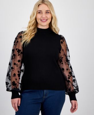 Madden Girl - Trendy Plus Size Sheer-Sleeve Mock Neck Top