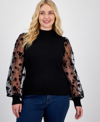 Madden Girl Trendy Plus Size Sheer-Sleeve Mock Neck Top - Macy's