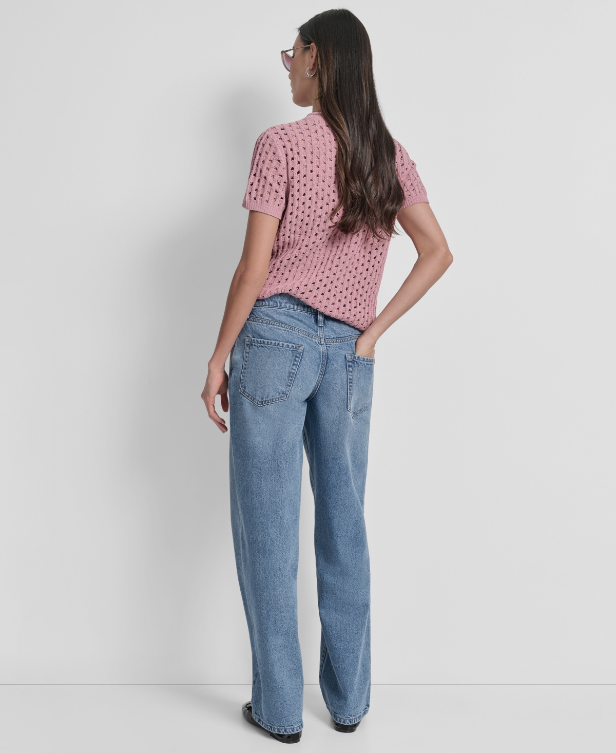 Dkny Jeans Petite Open-stitch Crewneck Sweater In Pink