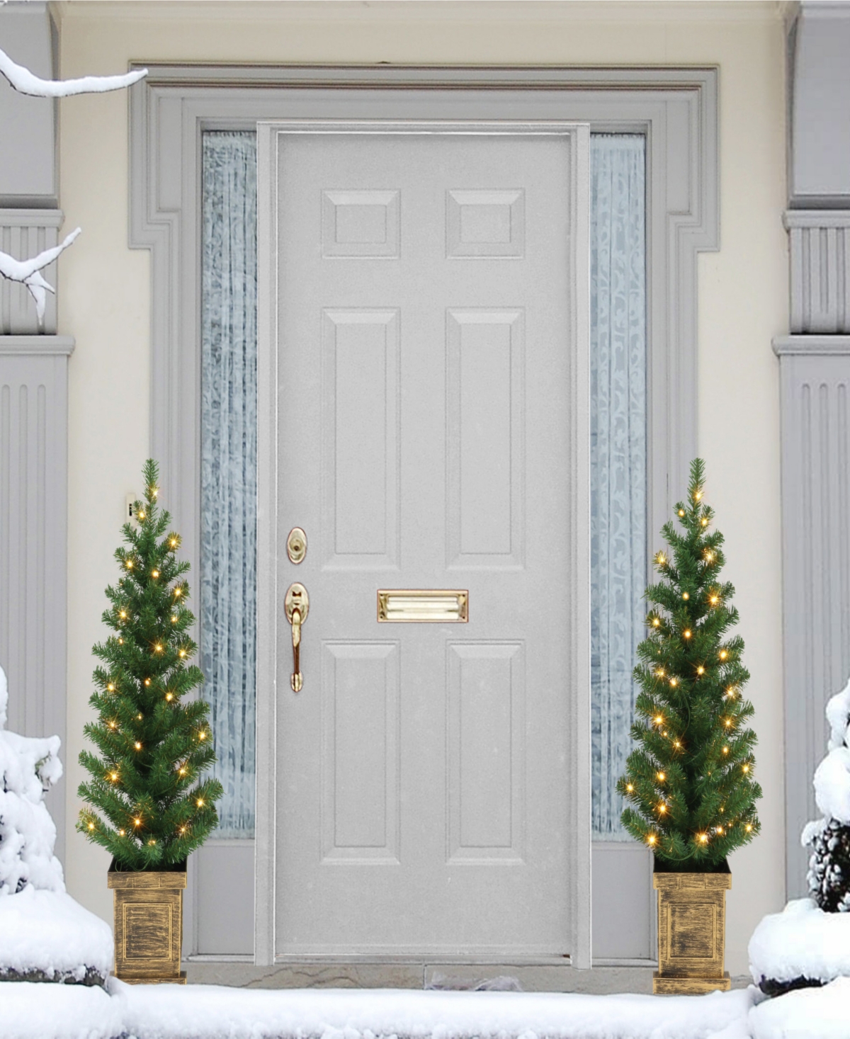 3.5' B/O Potted Pre-Lit Trees with 35 Warm White Led Lights, Plastic Pot and 90 Tips, Set of 2