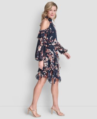 Women's Cold Shoulder Mock Neck Ruffle Dress