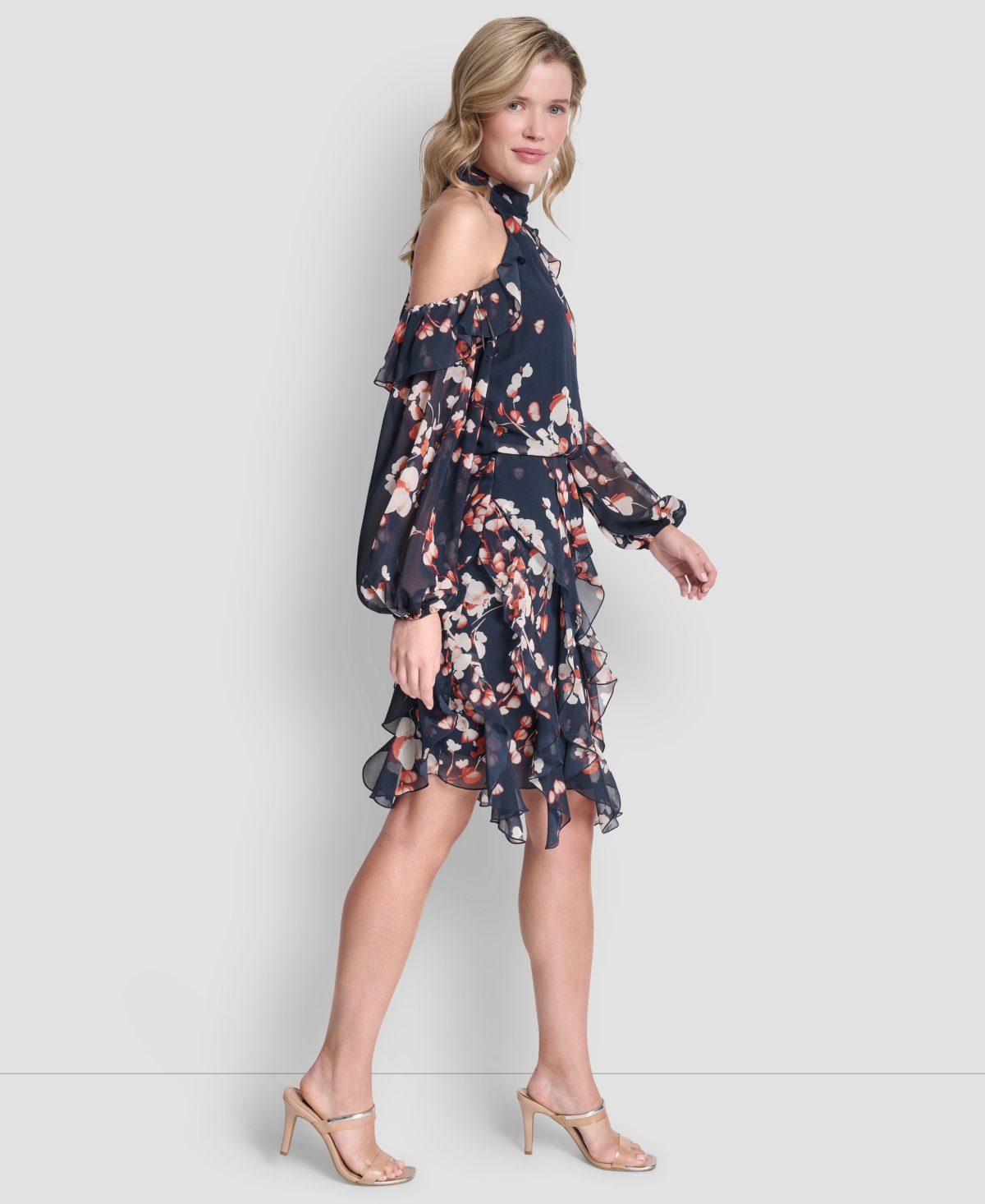 Dkny Cold Shoulder Mock Neck Ruffle Dress In Multi