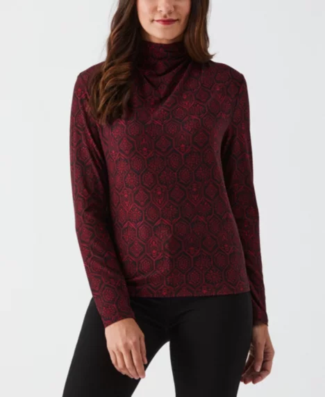 Petite Honeycomb Mosaic Print Ruched Mock Neck Long Sleeve Top - Rhubarb