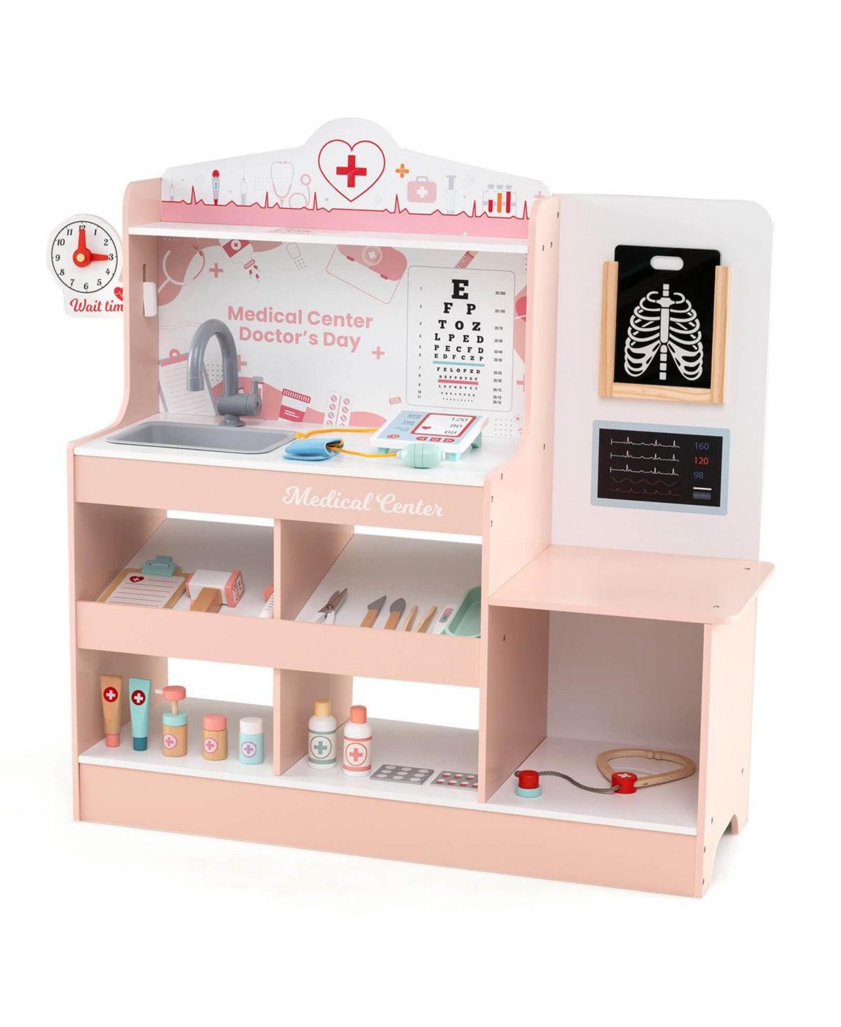 Wooden Doctor Play Set with Clock Sink Eye Chart Ecg Monitor Exam Area Storage