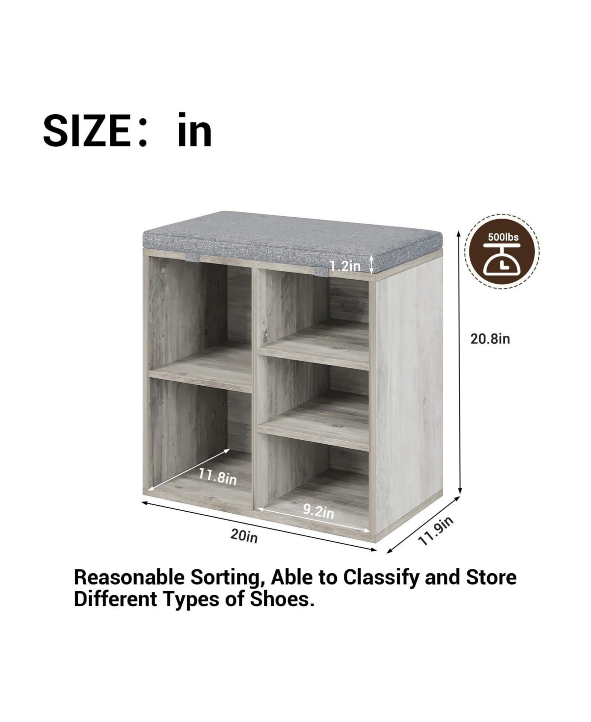 gaomon Shoe Storage Bench with Cushion, 20" Cubby Seat Shoe Cabinet, Cubby Seat Shoe Cabinet with 3-Tier Adjustable Shelf for Living Room Hallway, Gra