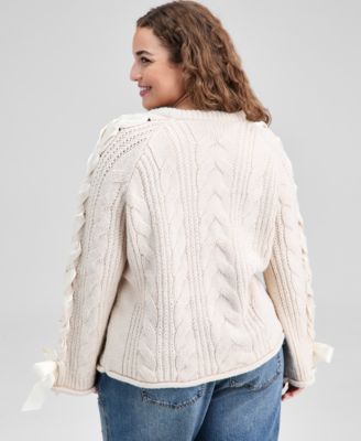 Trendy Plus Size Satin-Laces Cable-Knit Sweater, Macy's Exclusive