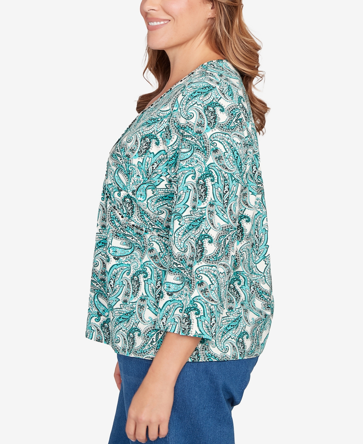 Hearts Of Palm Plus Printed 3/4 Sleeve Surplice Neck Top