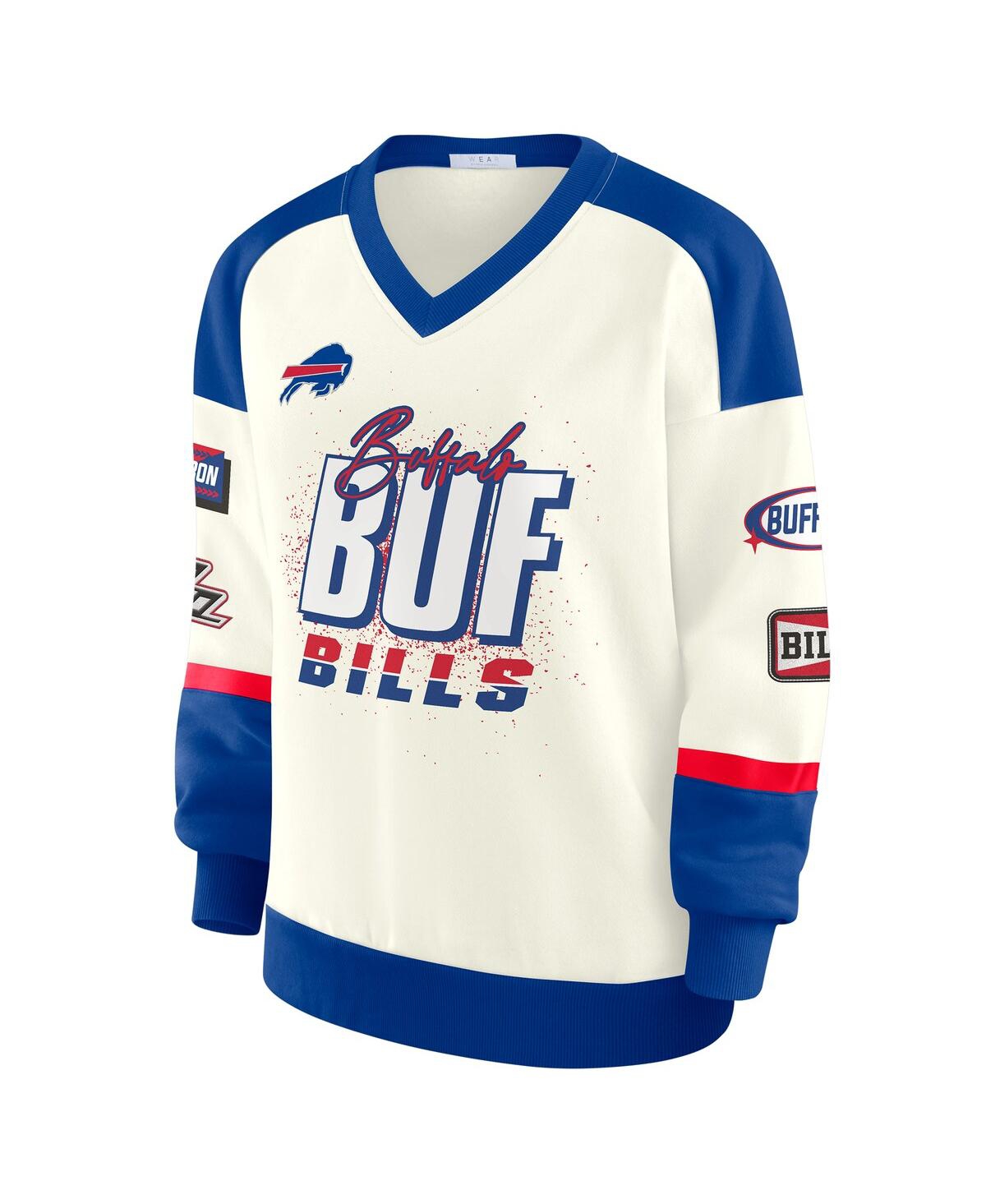 Wear By Erin Andrews Women's Cream Buffalo Bills Racing Crew V-neck Sweatshirt In Blue
