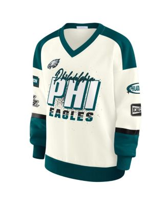 Women's Cream Philadelphia Eagles Racing Crew V-Neck Sweatshirt