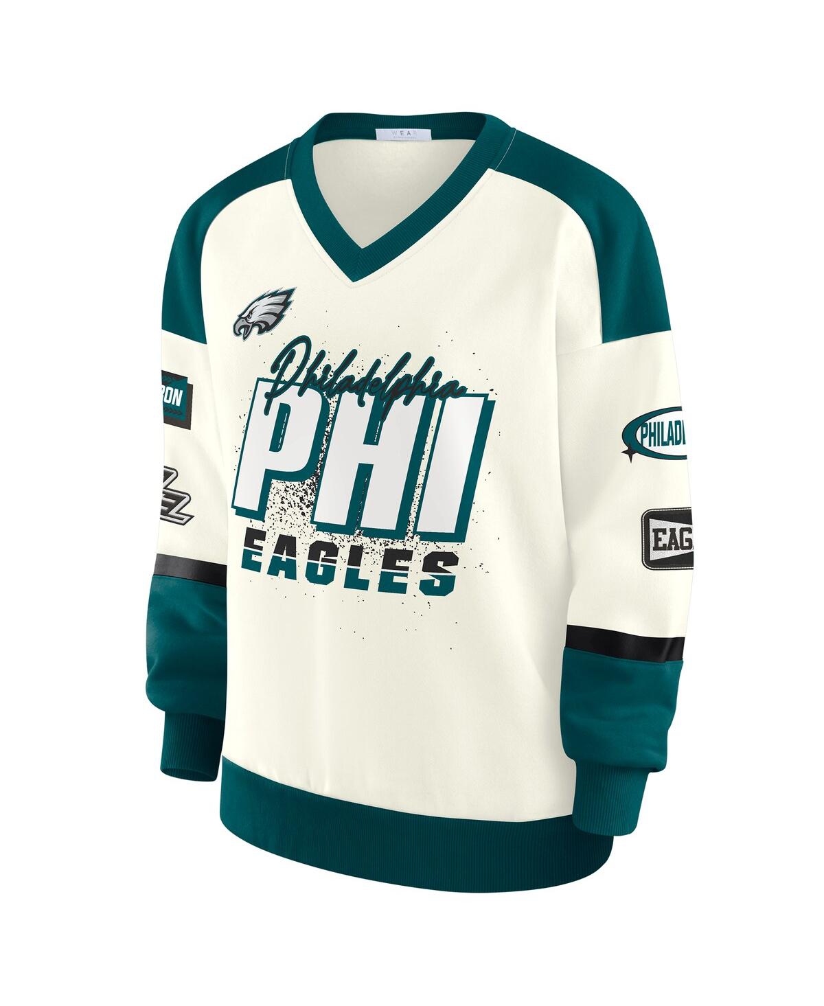 Wear By Erin Andrews Women's Cream Philadelphia Eagles Racing Crew V-neck Sweatshirt In Green