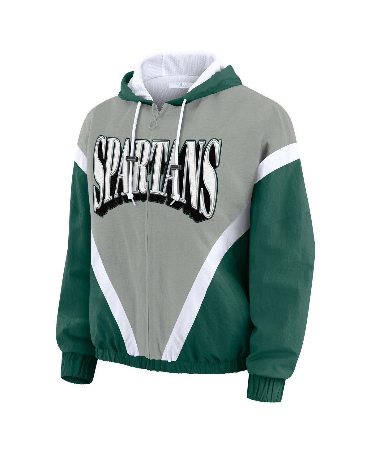Wear By Erin Andrews Women'sgreen/gray Michigan State Spartans Color Block Full-zip Hoodie Windbreaker Jacket In Green
