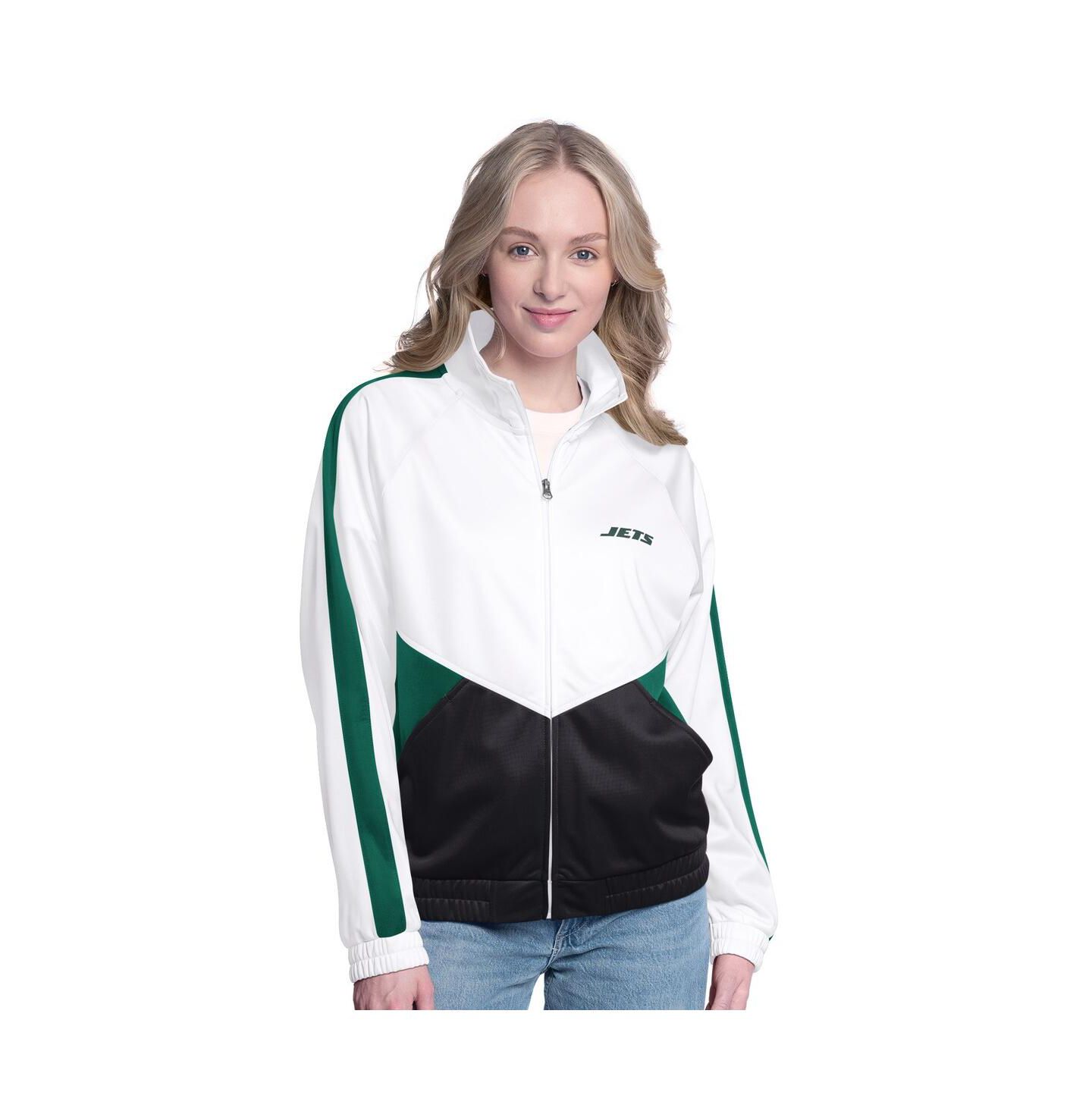 Женская куртка G-III 4Her by Carl Banks White/Green New York Jets Rally Rhinestone Full-Zip Track Jacket — фото 1