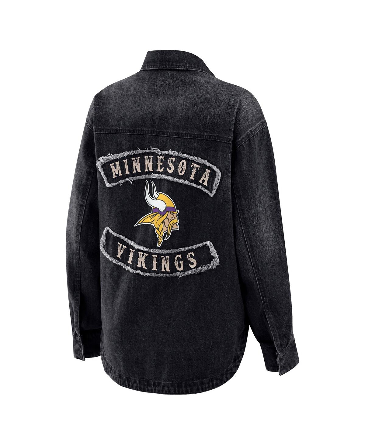 Wear By Erin Andrews Women's Black Minnesota Vikings Washed Oversized Denim Full-snap Shacket In Black